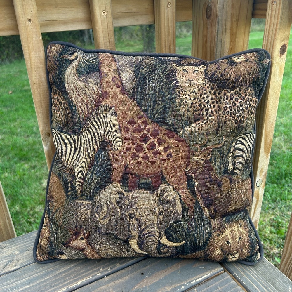 Vintage Animal Print Tapestry throw pillow 12x12 in‎ Safari Giraffe Zebra Lion